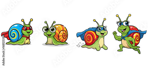 Four superhero snails pose. Cartoon snails, superhero theme, shell design, funny, cute, colorful, teamwork, comic, powerful