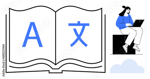 Open book showing letters from different languages, woman with laptop seated nearby, cloud below. Ideal for education, translation, online learning, reading, global communication, digital skills