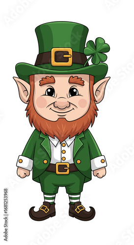 Cartoon leprechaun stands smiling. St. Patrick's Day character, Irish folklore, green costume, lucky charm, celebration, good fortune, tradition, festive