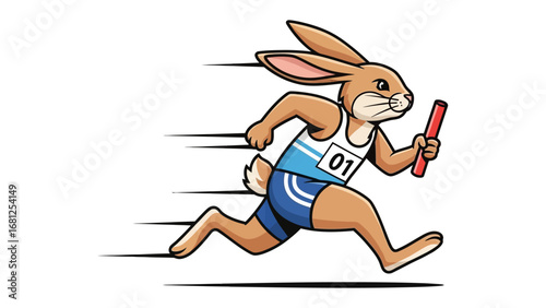 Swift Rabbit Relay: A dynamic illustration of a speedy rabbit in athletic attire, clutching a baton while sprinting in a relay race, exuding energy, speed, and determination.