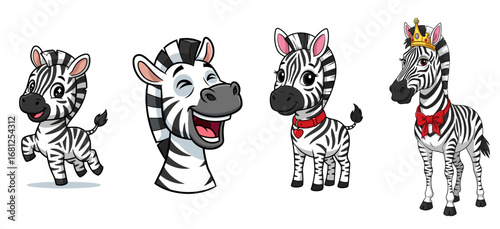 Cartoon zebras in different poses and outfits. Cute animals, funny, king, heart, design, playful, happy, fun