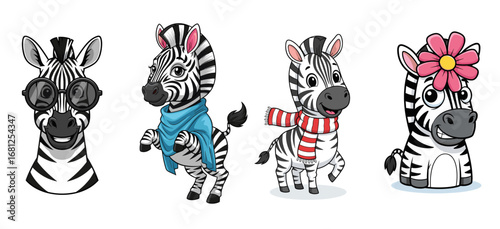 Cartoon zebras with accessories pose. Cute animal characters, digital art, illustration, comic, fun.