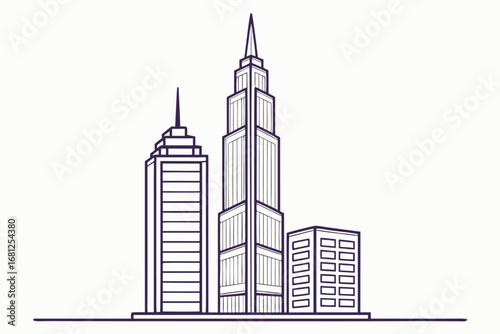 Outline drawing of a city skyline with three distinct skyscrapers of varying heights buildings
