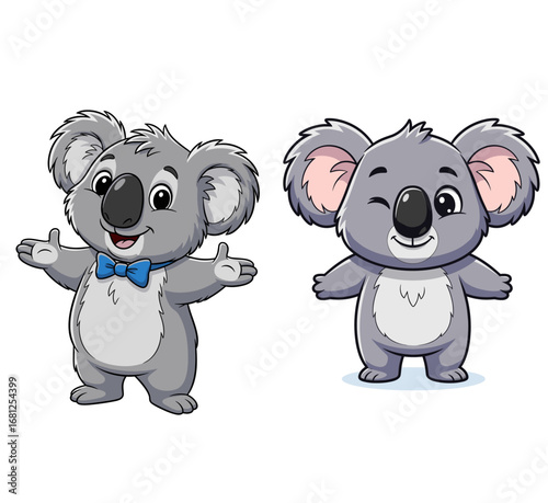 Koalas present with open arms and a wink. Cute animals, playful nature, wildlife illustration, cartoon characters, friendly, welcoming, greeting