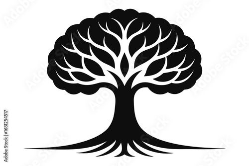 Black and White Silhouette of a Tree with Roots, Trunk, and Canopy Isolated