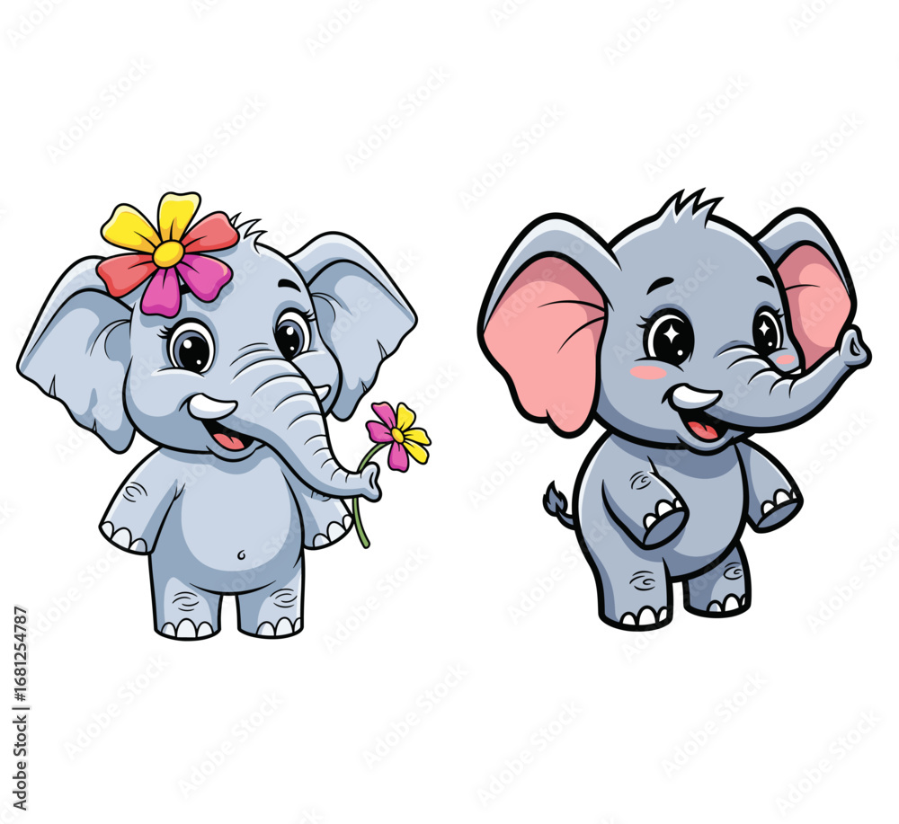 Fototapeta premium Cute cartoon elephants stand smiling, one holding a flower. Baby animal illustration, cheerful, sweet, playful, friendship, love, whimsical, friendly, happy, nursery
