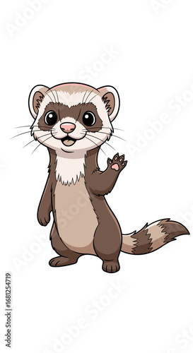 Cartoon ferret waves hello. Friendly mammal, standing illustration, welcoming gesture, cute pet, cartoon animal, hand wave.