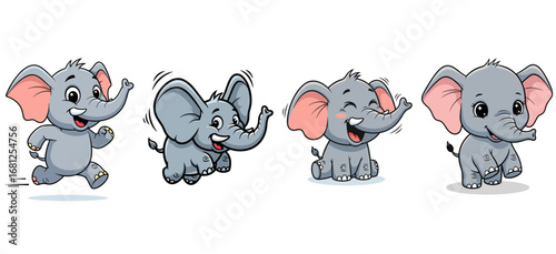 Four cartoon elephants in various poses. Cute vector illustration, baby animal, mammal, happy, cartoon, wildlife.