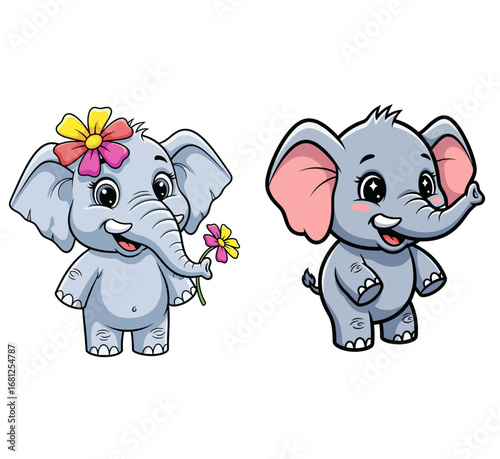 Cute cartoon elephants stand smiling, one holding a flower. Baby animal illustration, cheerful, sweet, playful, friendship, love, whimsical, friendly, happy, nursery