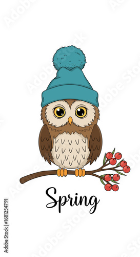 Cartoon owl wearing a hat sits on branch with berries. Winter, spring, cute, bird, character, funny, art, illustration, nature, animal, whimsical, holiday, season.