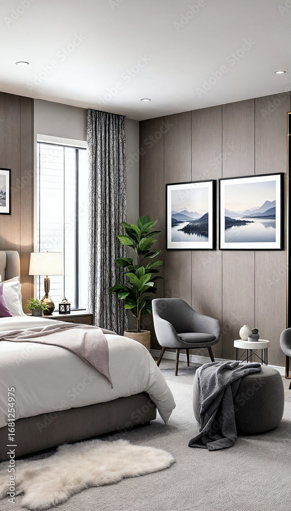 Fototapeta premium Modern bedroom with neutral tones and king-size bed 