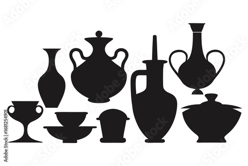 Black Silhouette of Assorted Pottery, Bowls, and Jars on White Background