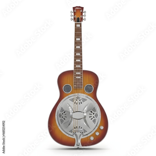 Acoustic resonator guitar with a sunburst finish and chrome hardware, ideal for blues, folk, and country music