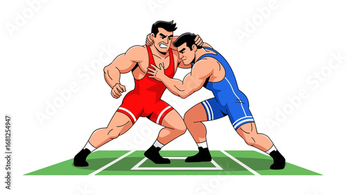 Wrestling Match Illustration: A dynamic illustration of two muscular wrestlers locked in combat on a green mat, showcasing the strength, power, and strategic prowess involved in the sport. 