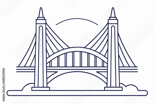 Outline illustration of a suspension bridge with clouds on white background architecture structure