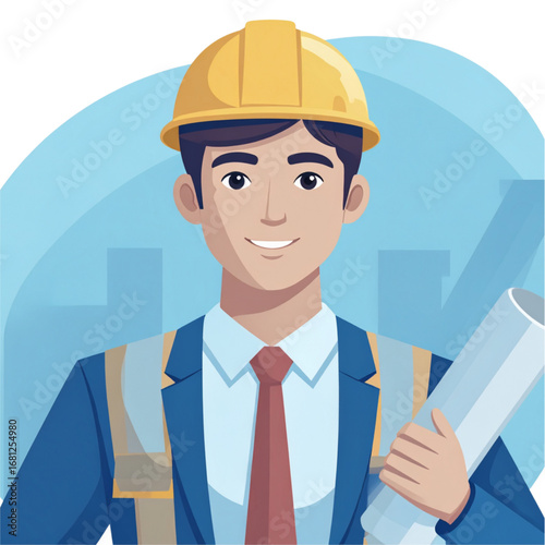 Engineer or Architect Holding Blueprint at Construction Site Vector Illustration