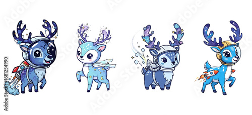 Astronaut deer cartoon characters fly with rocket packs. Space travel, whimsical, cosmos, animals, cute.