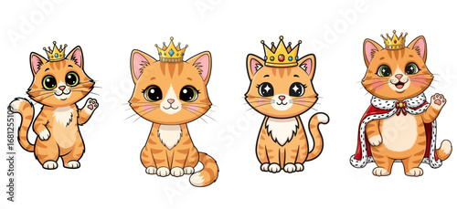 Cartoon ginger cats wear crowns and cape. Cute king, royalty, pets, illustration, animals, cartoon, kittens, orange, sitting, waving, fun, cheerful.