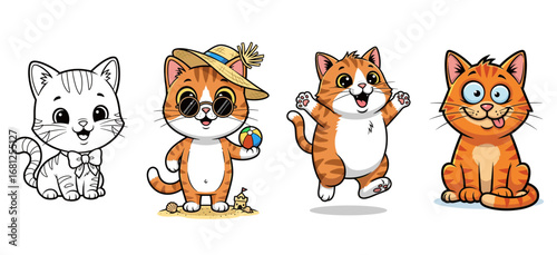 Cute cartoon cats show different poses. Adorable pets, happy animals, vector art, playful character design, mascot.