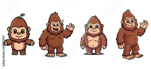 Cute cartoon bigfoot characters stand. Sasquatch mascots, mythical creature, cryptid, monster, legend, fantasy, wildlife, bigfoot, forest, funny