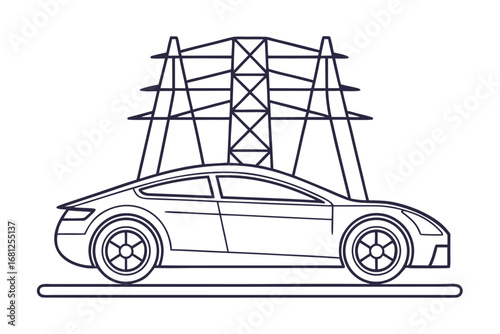 Outline of a Sleek Electric Car Under Power Lines automobile vehicle