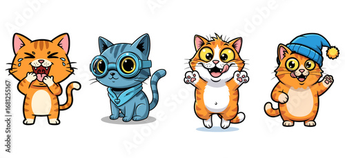 Cartoon cats express various emotions. Funny animals, cute kittens, pet collection, happy feline, comic style