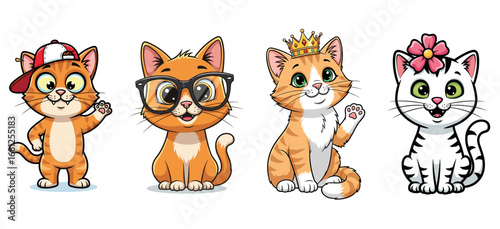 Cartoon cats pose playfully. Cute kittens, pets, comic characters, animal illustration, feline friends, cheerful, whimsical, playful, funny, friendly, happy, drawing.