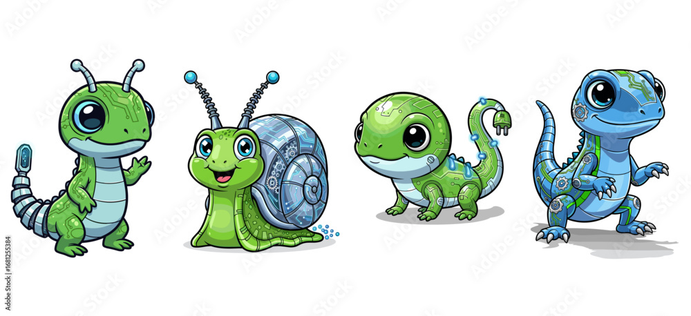 Obraz premium Cute robotic animal cartoon characters. Robotics, artificial intelligence, technology, pets, futuristic, design, machine, innovation, ai, illustration