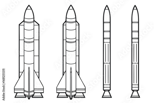 Outlines of Four Rockets and Spacecraft on a White Background space travel launch