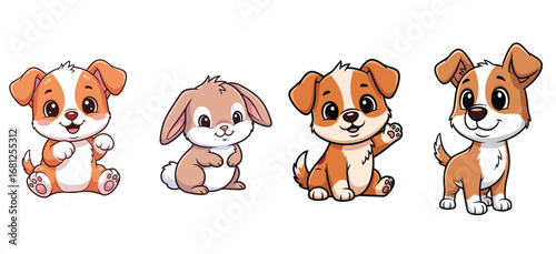 Cute puppy and bunny cartoons. Smiling dog, bunny, animal friends, pets, friendship, cartoon illustration