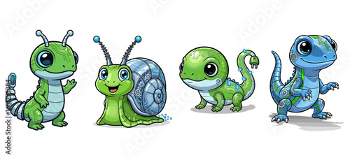 Cute robotic animal cartoon characters. Robotics, artificial intelligence, technology, pets, futuristic, design, machine, innovation, ai, illustration