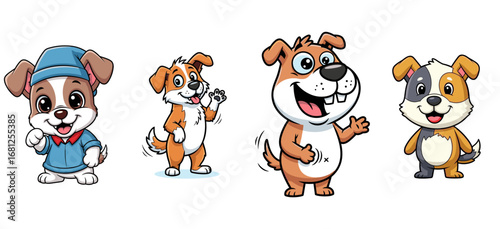 Cartoon dogs standing and waving. Cute cartoon dogs, friendly, happy, cheerful, funny, pets, animal characters, illustration, vector, design, graphic, digital art
