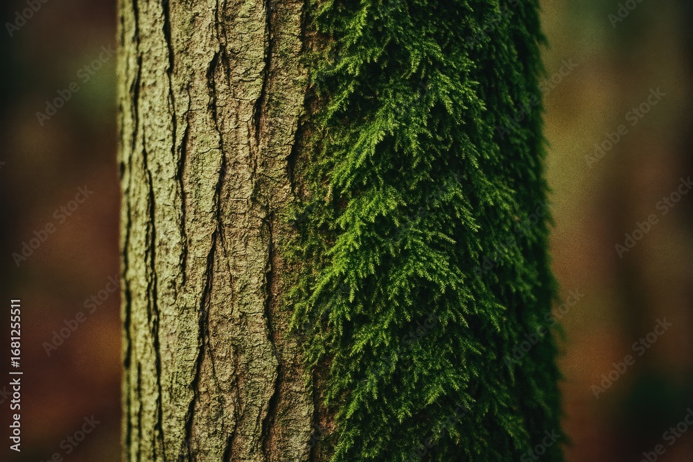 Obraz premium Macro view of a moss-covered tree trunk with grey bark beneath