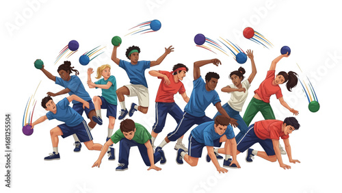 Dodgeball Action: Dynamic group of kids engage in a spirited game of dodgeball. Vivid illustration capturing the energy and intensity of the game. 