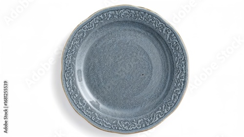 Stylish Round Retro Blue Sandgrain Textured Handmade Stoneware Plate, Overhead Shot on White Background