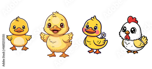 Four cute cartoon chicks/chicken standing. Adorable baby birds, farm animals, easter, spring, humor, funny, happy, character, animal, bird, chick, chicken, cartoon, illustration