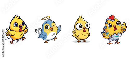 Cartoon chicks depict different stages. Cute birds, diverse characters, fowl, poultry, illustration, animation, whimsical, baby animals, funny, design, mascot