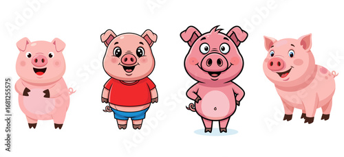 Cartoon pigs stand together in a group. Farm animal illustration, cute characters, mammal, happy, swine, domestic, farm, pink, cheerful, playful, whimsical