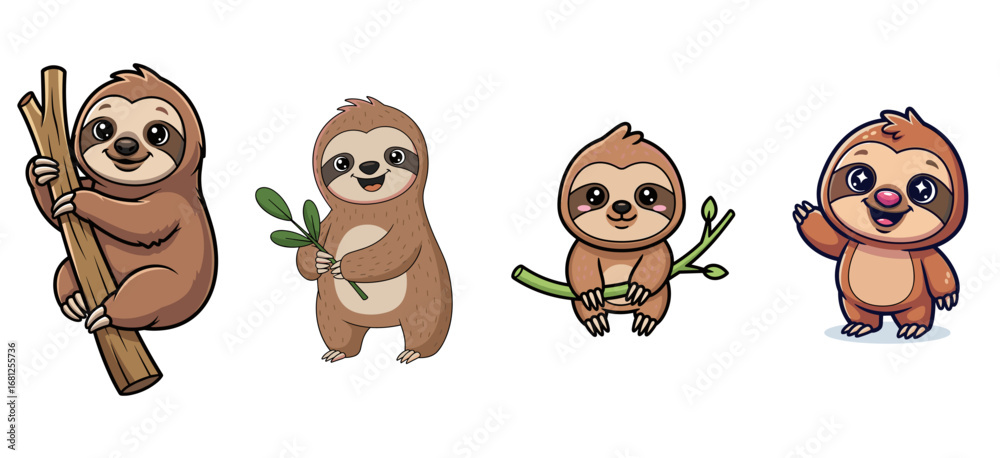 Fototapeta premium Cute sloth cartoon characters in various poses. Adorable animal, jungle creatures, vector art, cheerful illustration, playful design, wildlife.