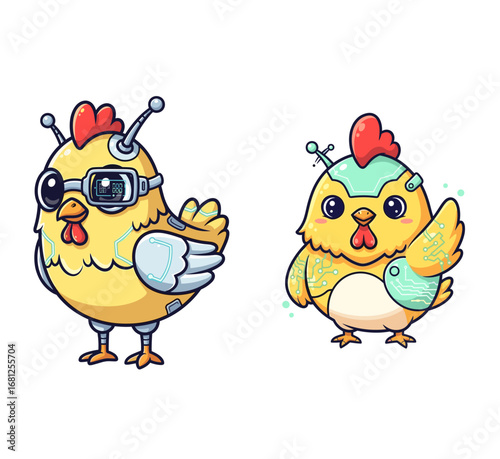 Cyberpunk chicken cartoon characters stand ready. Digital animals, future tech, poultry, futuristic robots, AI, cute, fun