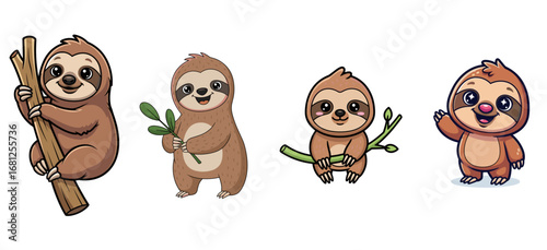 Cute sloth cartoon characters in various poses. Adorable animal, jungle creatures, vector art, cheerful illustration, playful design, wildlife.