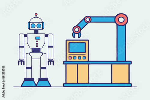 Robot and Robotic Arm with Computer on a Light Blue Background android automation