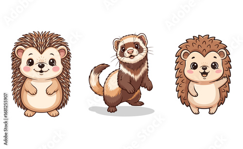 Cute hedgehog and ferret stand together. Animal illustration, adorable wildlife, cartoon style, friendly critters, forest friends, sweet illustration