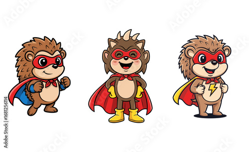 Hero hedgehogs pose in costumes. Cartoon superheroes, mascot, animal characters, comics, fantasy, illustration, design, cute, fun, kids, hero, powerful.