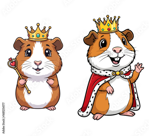 Guinea pigs reign with crowns and royal attire. Cute animal, pets, cartoon, vector, illustration, king, queen, royal, fantasy, fun.