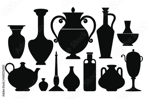 Collection of Black Silhouette Vases, Teapot, Goblet, and Candlestick Against a White Background