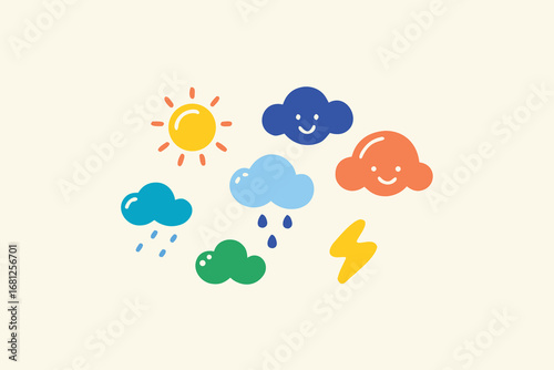Colorful Cartoon Weather Icons Sunny Sun, Smiling Clouds, Rain Drops, and Lightning Bolt