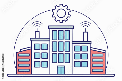 Smart factory building with gear and wireless signals illustration industrial manufacturing