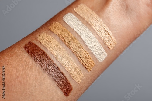 Six foundation shades are swatched on a person's wrist, skin tone comparison. Use for makeup tutorial, product review, or demonstrating various skin tones.