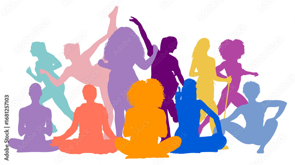 Obraz premium Bunte Collage aus Silhouetten von Frauen bei Sport und Yoga